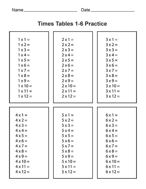Printable Times Table Sheet 1-12