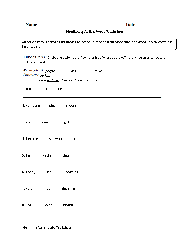 Action Verbs Worksheet Grade 4