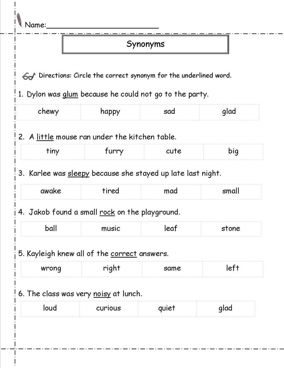 Free Synonyms Worksheet For Grade 3