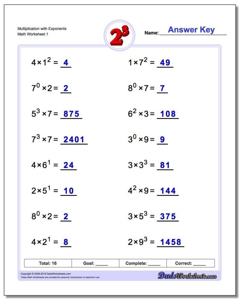 Exponents Worksheets Grade 9 With Answers