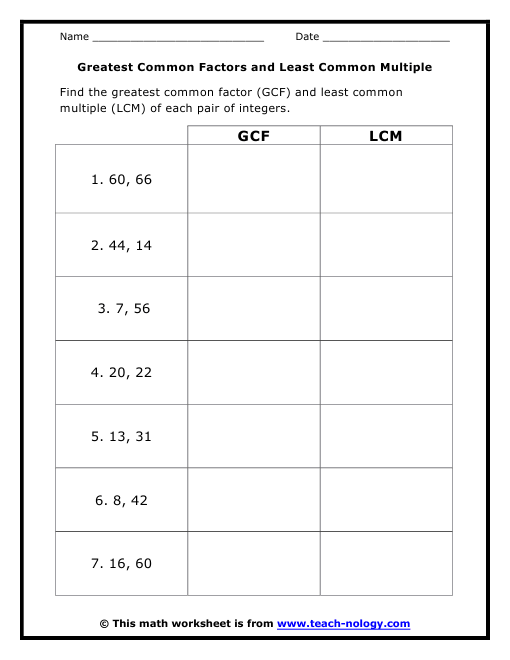 6th Grade Common Factors And Multiples Worksheet