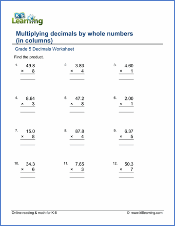 5th Grade Multiplying Decimals Word Problems Worksheets