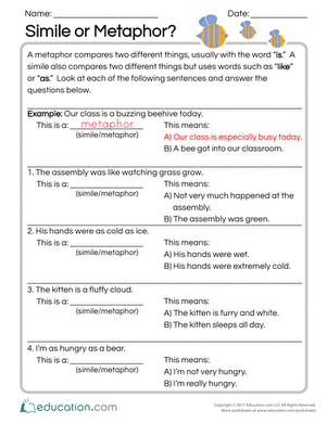 3rd Grade Simile And Metaphor Worksheet Answers