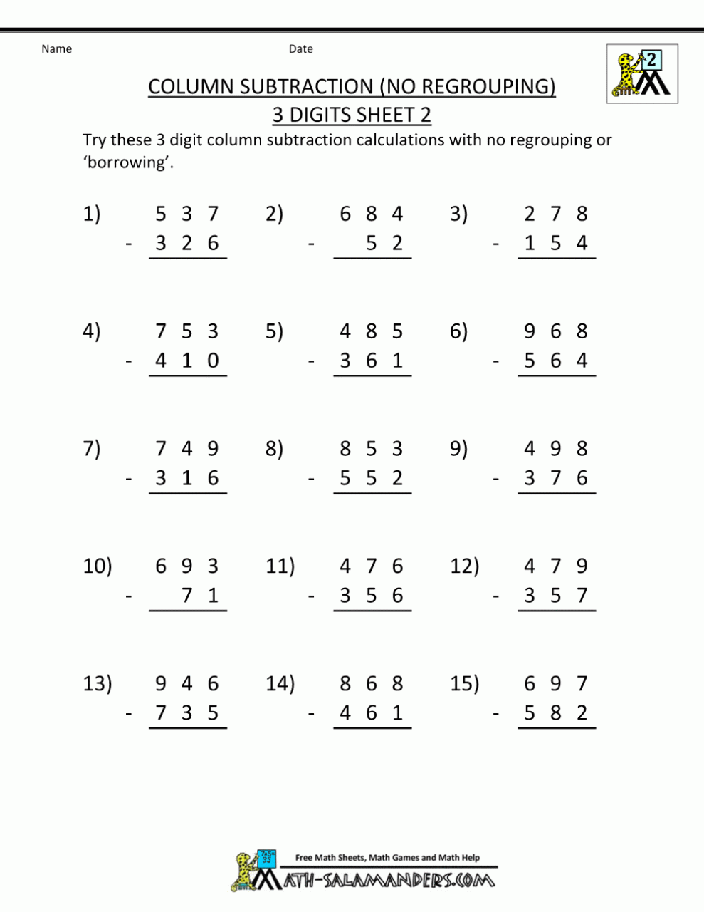 Math Worksheets For Grade 2 Subtraction With Regrouping 3 Digits