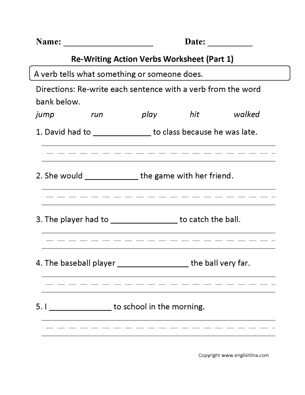 1st Grade Verbs Worksheets For Grade 1 And 2