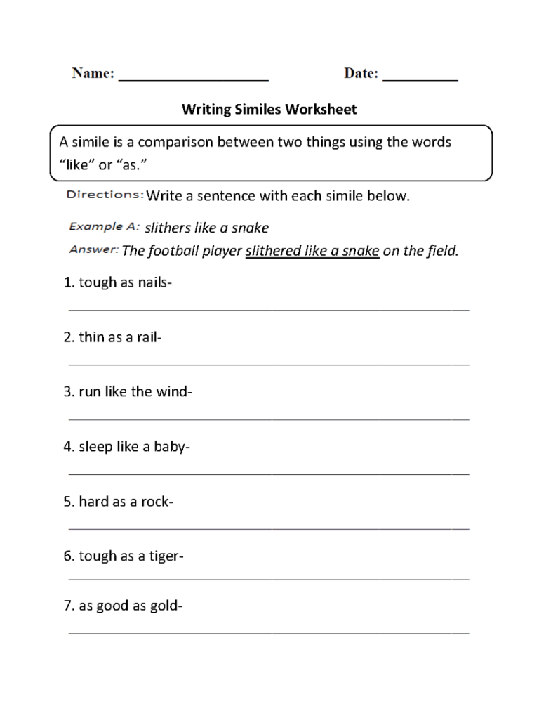 Similes Worksheet With Answers Pdf