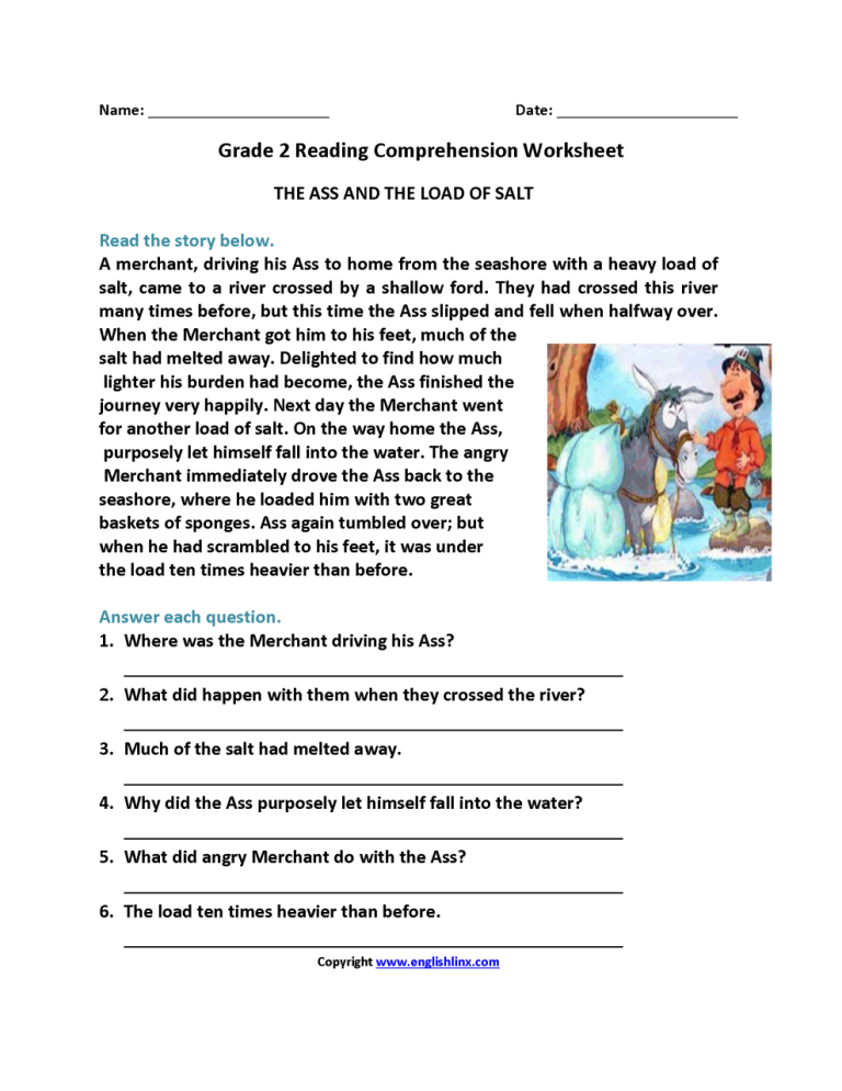 Second Grade Grade 2 English Worksheets Comprehension
