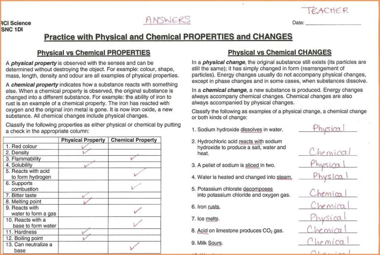 7th Grade Physical And Chemical Changes Worksheet Answers