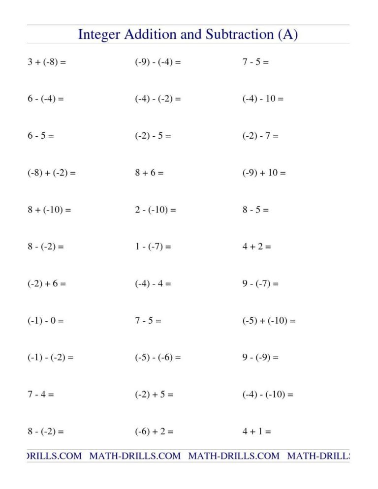 Adding And Subtracting Integers Worksheet Answer Key