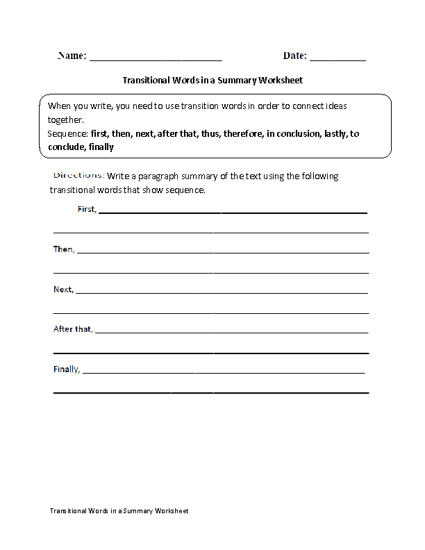 5th Grade Transition Words Worksheet With Answers
