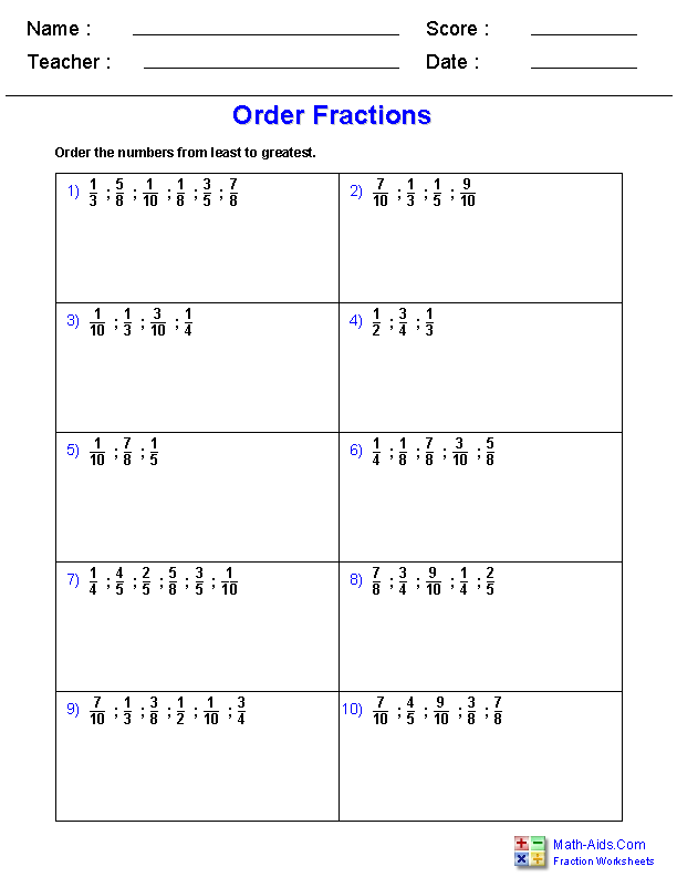 Comparing And Ordering Fractions Year 5 Worksheet