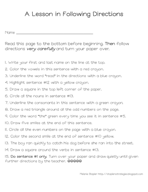Directions Quiz Following Directions Worksheet Funny