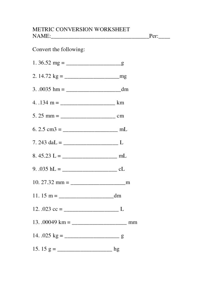 Chemistry Unit Conversion Practice Worksheet
