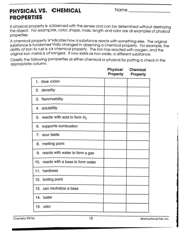 Chemistry Physical And Chemical Changes Worksheet Answers