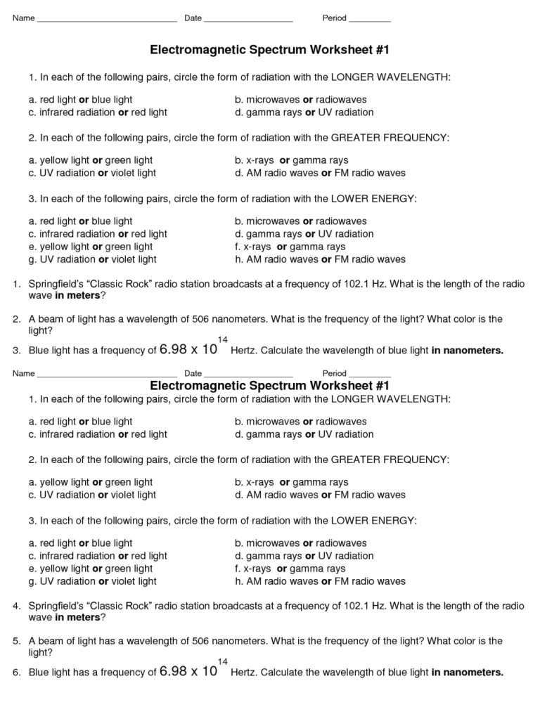Science 8 Electromagnetic Spectrum Worksheet Answers