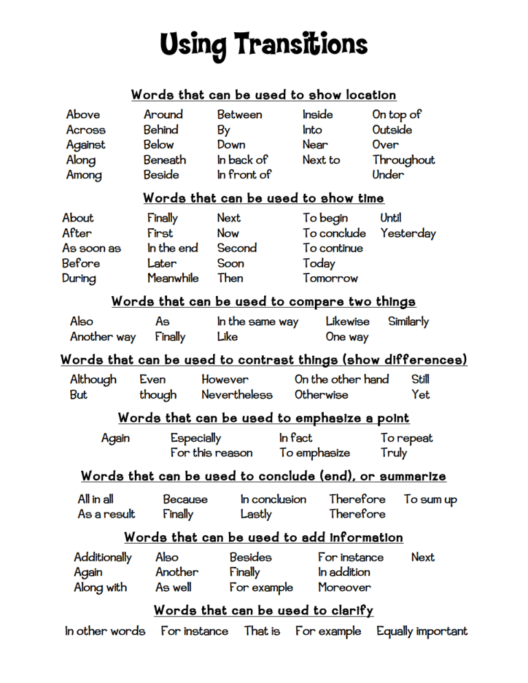 Printable Transition Words Worksheet Pdf