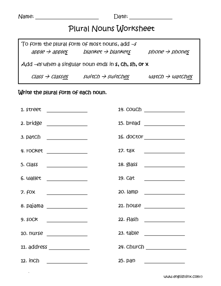 4th Grade Singular And Plural Nouns Worksheets With Answer Key