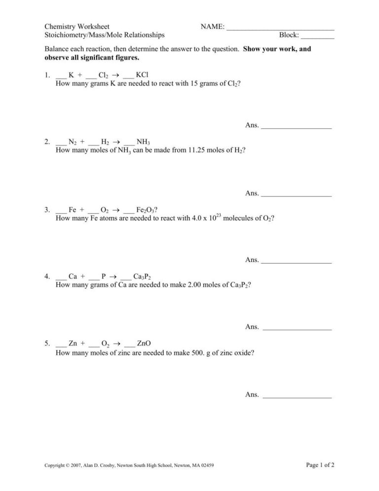 Stoichiometry Practice Worksheet Answers Chemistry