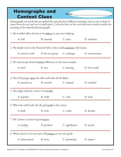 6th Grade Homonyms Worksheets With Answers