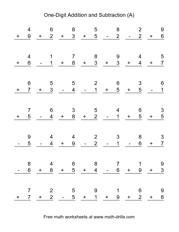 Single And Double Digit Addition And Subtraction Worksheets Without Regrouping