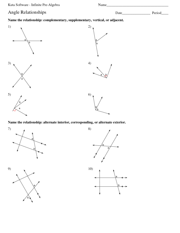 Angle Relationships Worksheet Answers Geometry