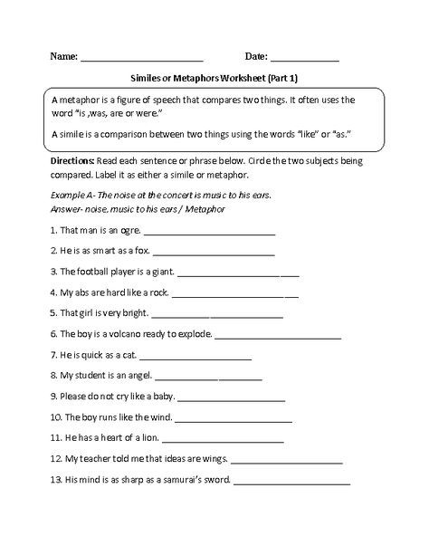 Grade 6 Similes Worksheet With Answers