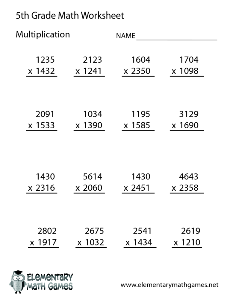 5th Grade Free Printable Multiplication Worksheets