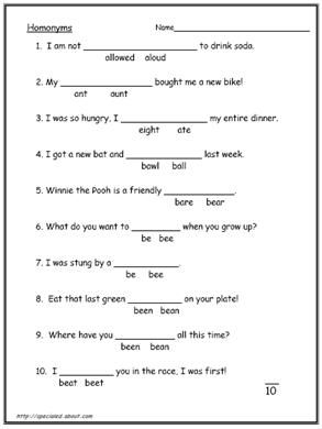 4th Grade Homonyms Worksheets For Grade 4