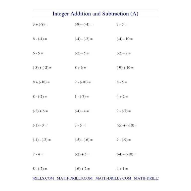 Adding And Subtracting Integers Worksheet Free