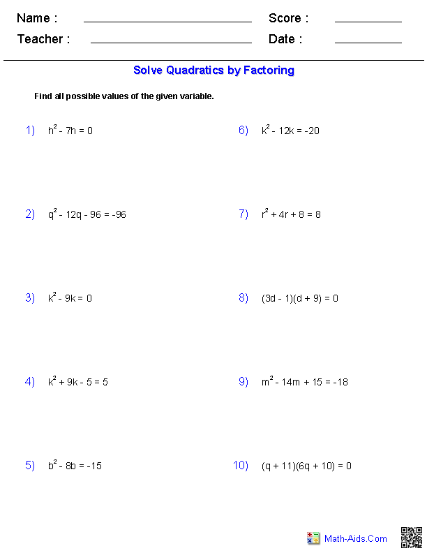 Answer Key Factoring Quadratics Worksheet Answers