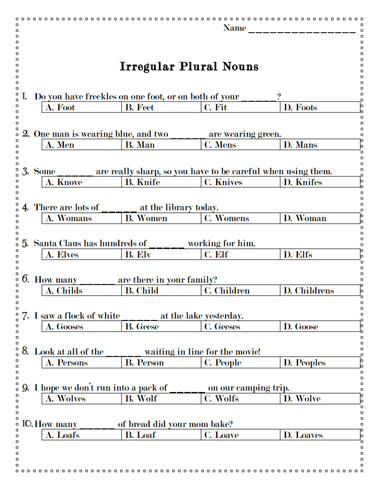 Singular And Plural Nouns Worksheets For Grade 10