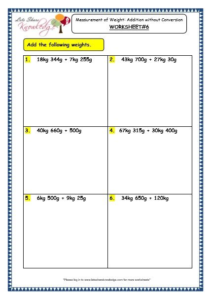 Weight Measurement Worksheets Grade 3