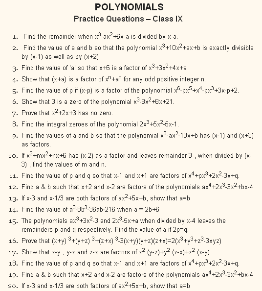 Class 9th Polynomials Worksheet