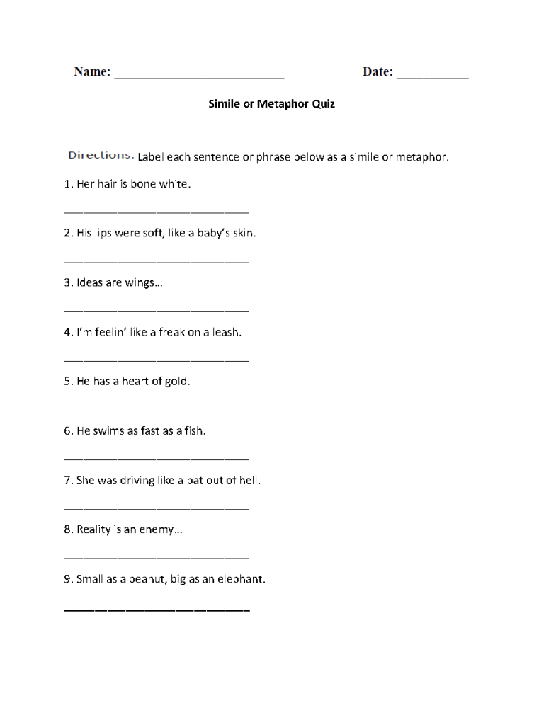 4th Grade Similes Worksheet With Answers