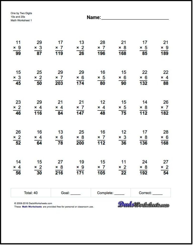 5th Grade Long Multiplication Worksheets With Answers