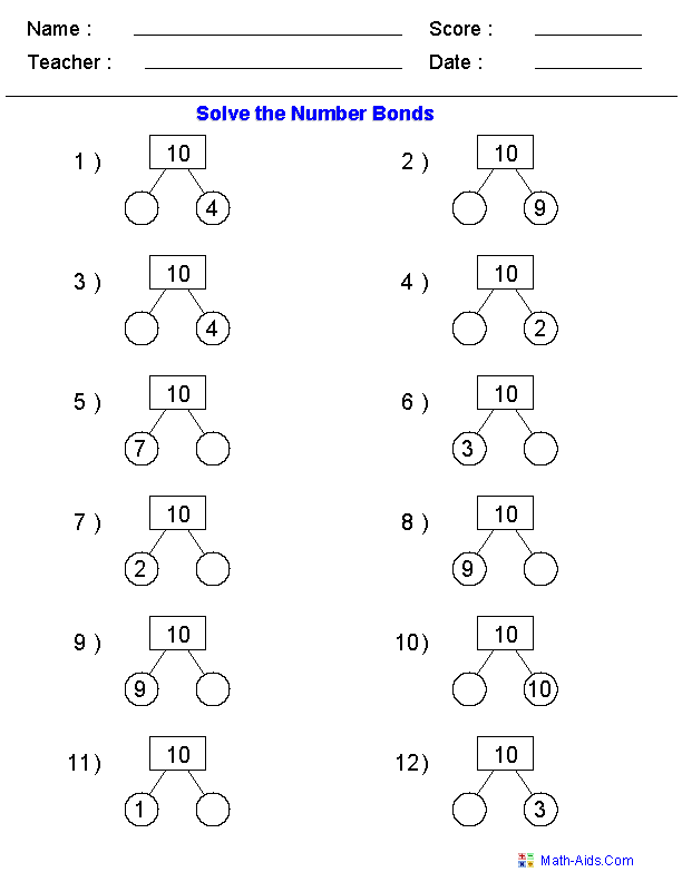 First Grade Number Bonds Worksheets For Grade 1