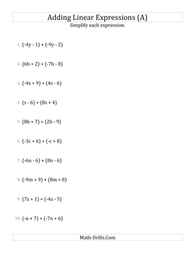 5th Grade Simplifying Algebraic Expressions Worksheet