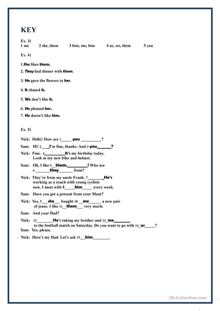 Subject And Object Pronouns Worksheet Grade 4