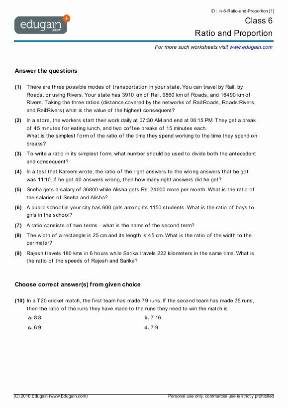 Ratio And Proportion Worksheet Pdf Grade 6