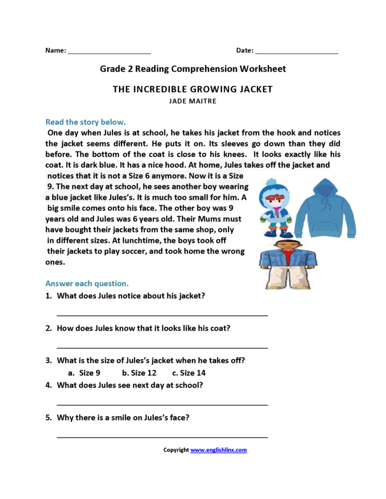 Reading Comprehension Second Grade Grade 2 Worksheets