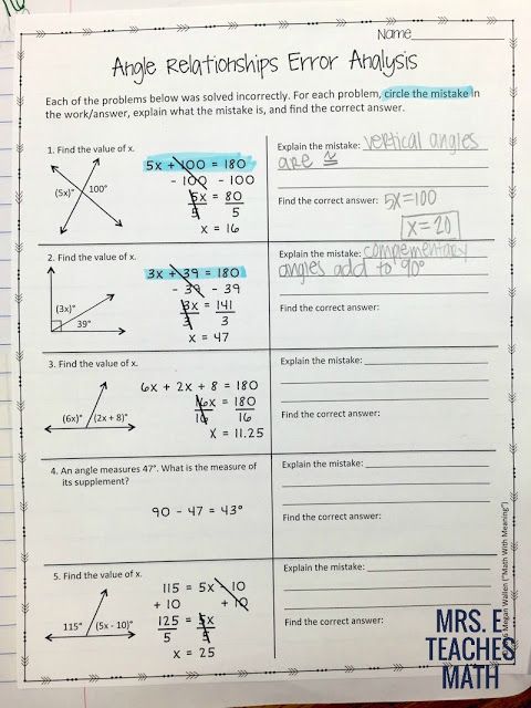 7th Grade Angle Relationships Worksheet Answers