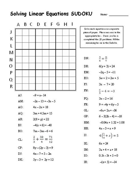 Solving Linear Equations Sudoku Worksheet Answers