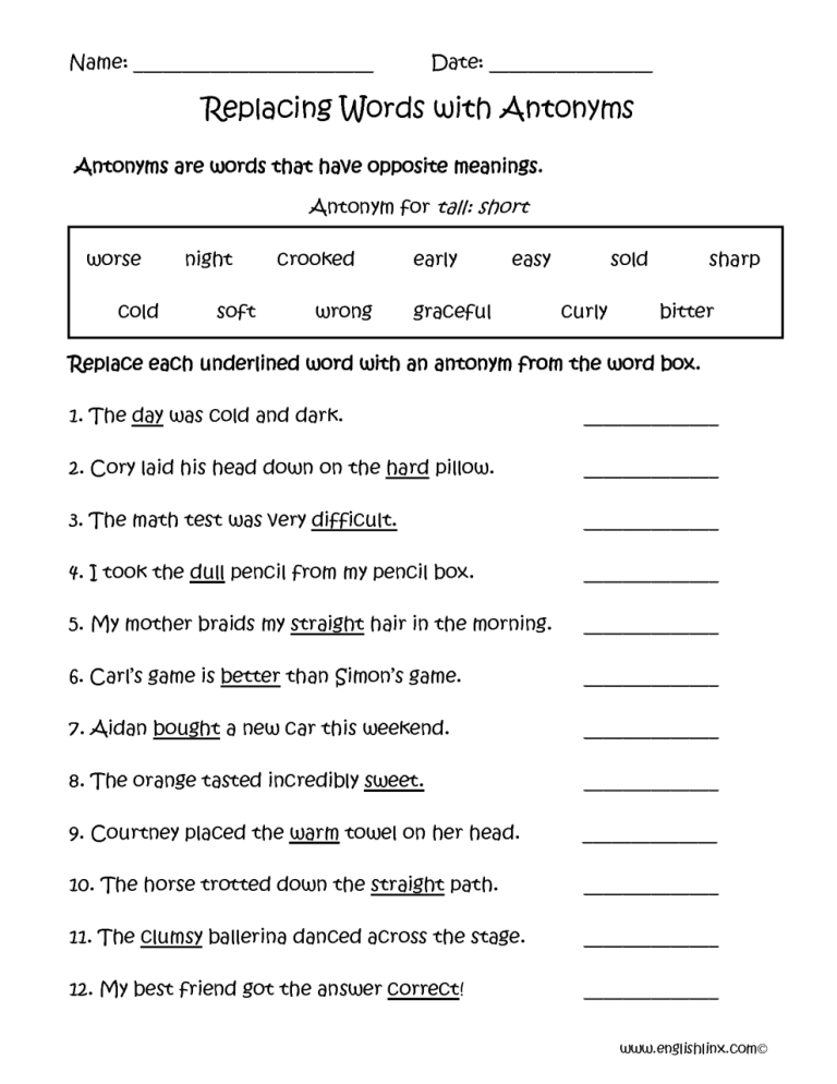 7th Grade Synonyms And Antonyms Worksheets Pdf