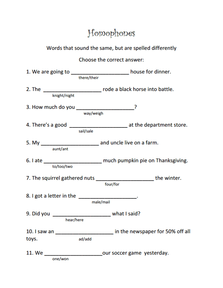 3rd Grade Homonyms Worksheets Pdf