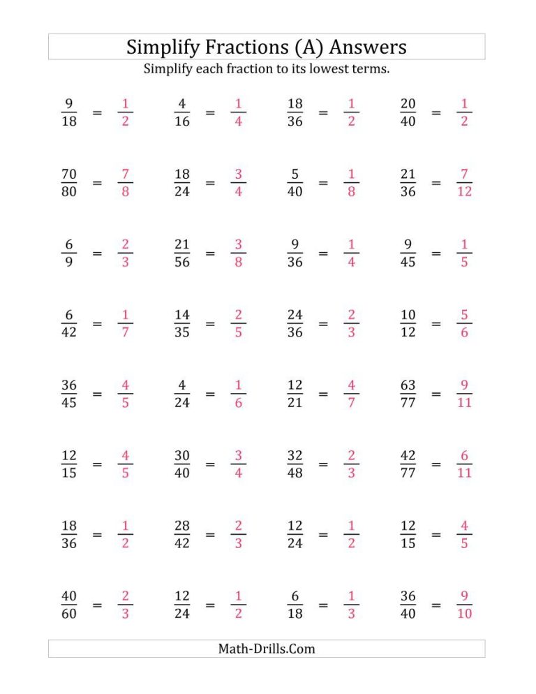 Lowest Terms Reducing Fractions Worksheet Answer Key
