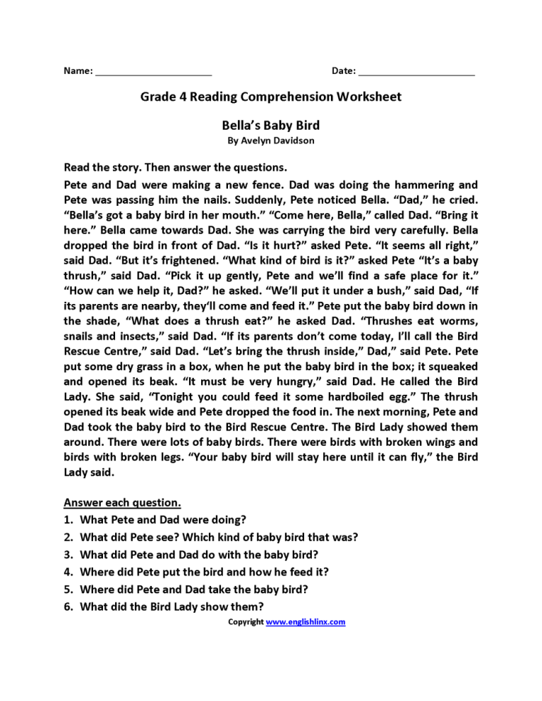 Comprehension Passage For Class 4 Worksheets