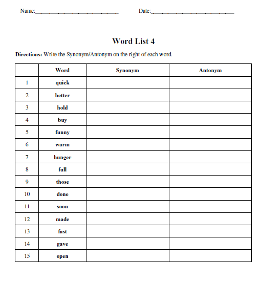 Synonyms And Antonyms Worksheets 6th Grade