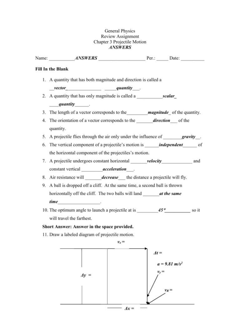 Chapter 3 Projectile Motion Worksheet Answers