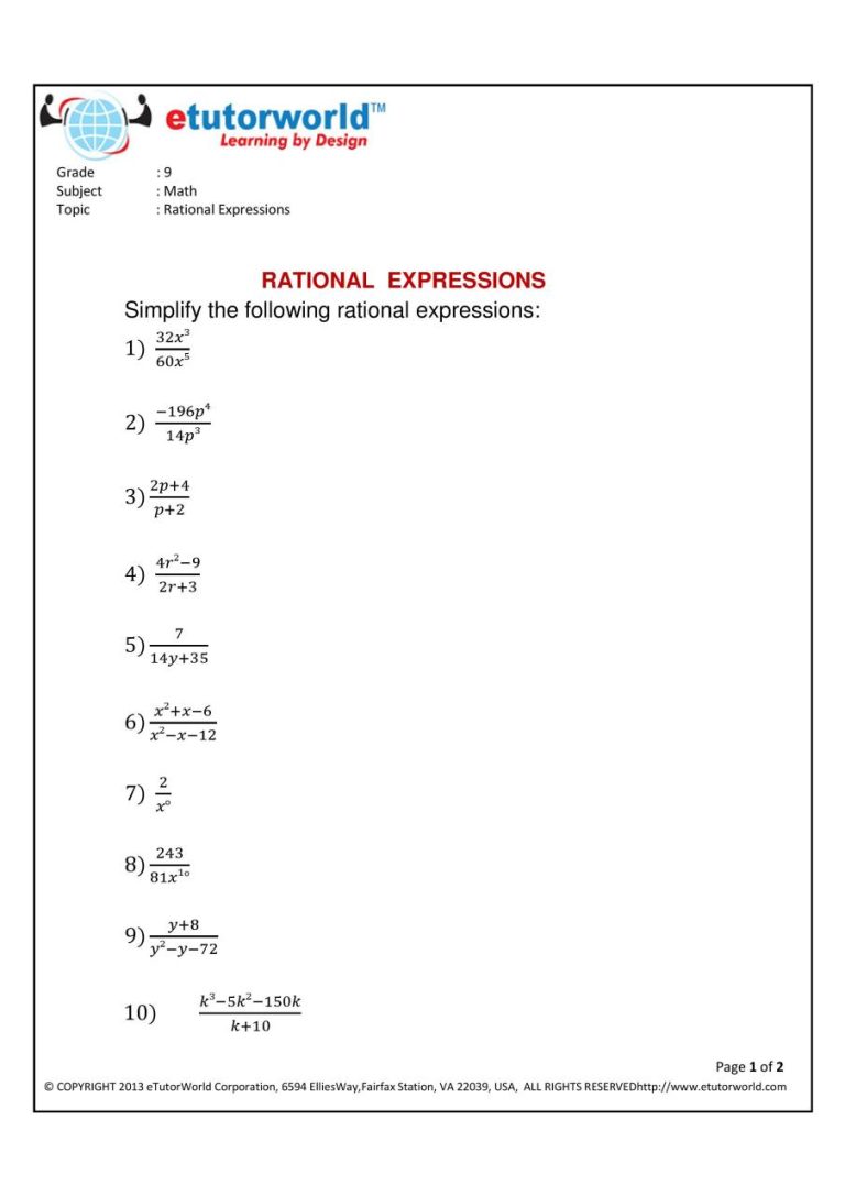 8th Grade Complex Rational Expressions Worksheet