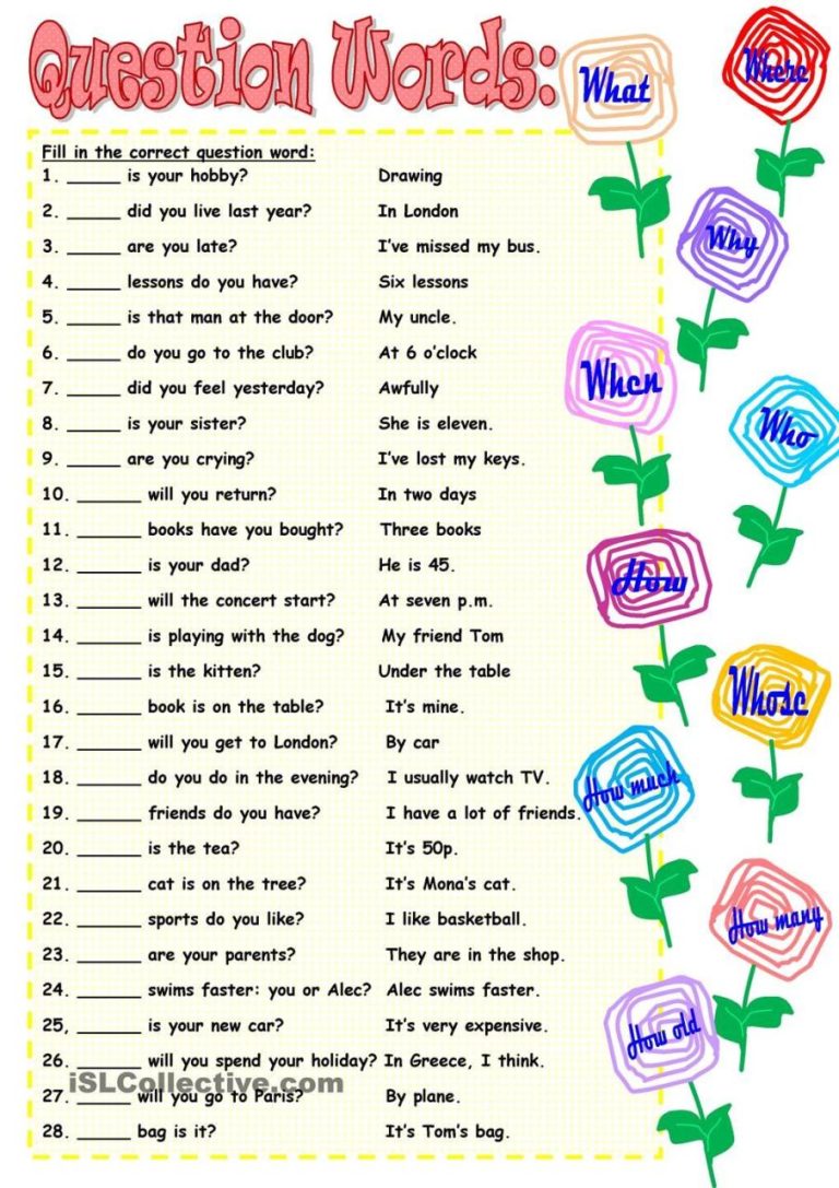 Printable French Question Words Worksheet Pdf